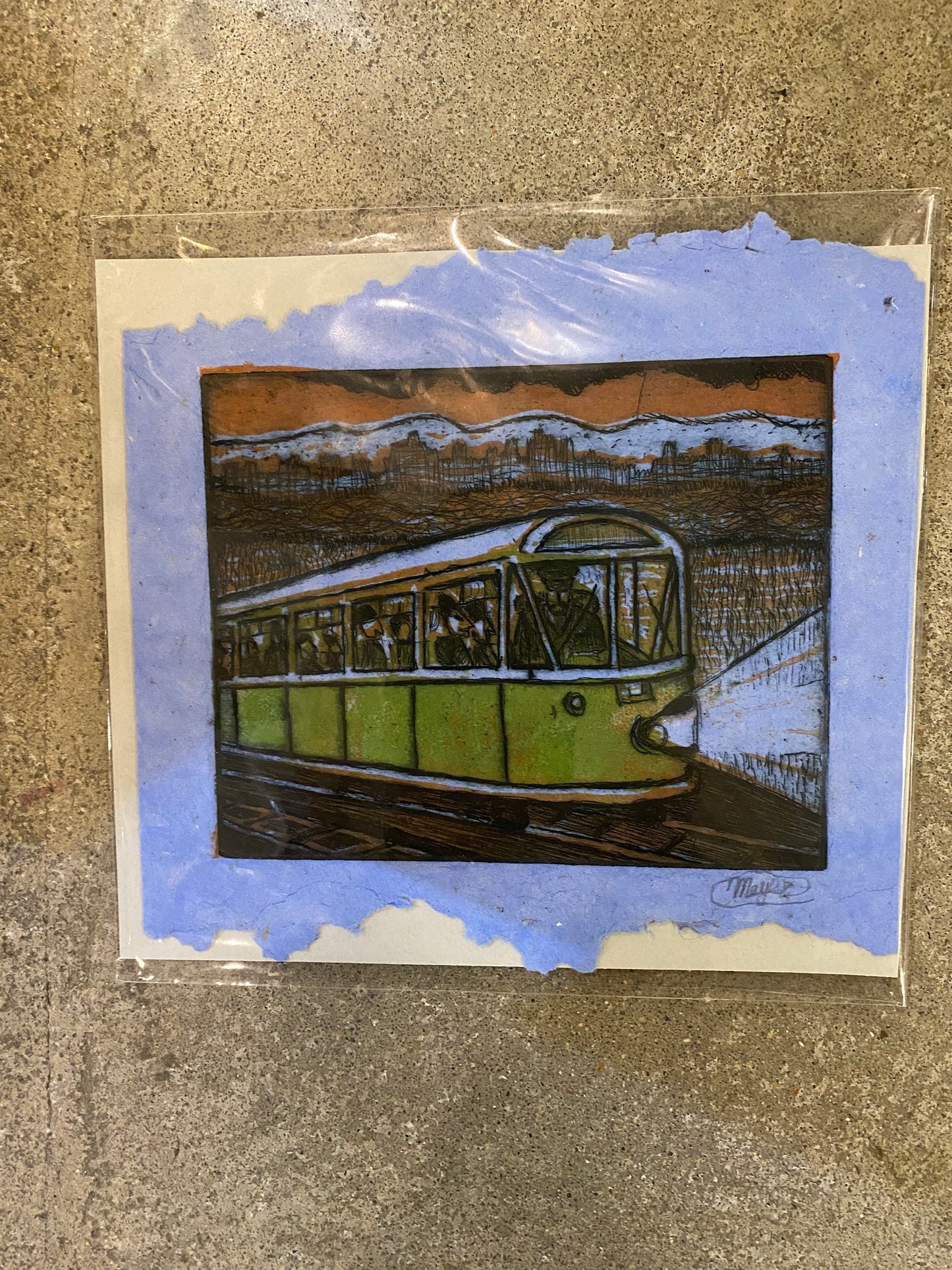 Streetcar on Blue Handmade Paper