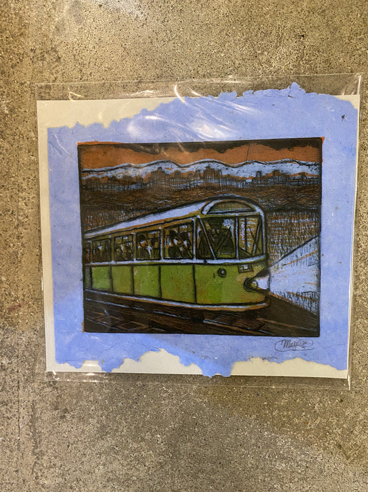Streetcar on Blue Handmade Paper