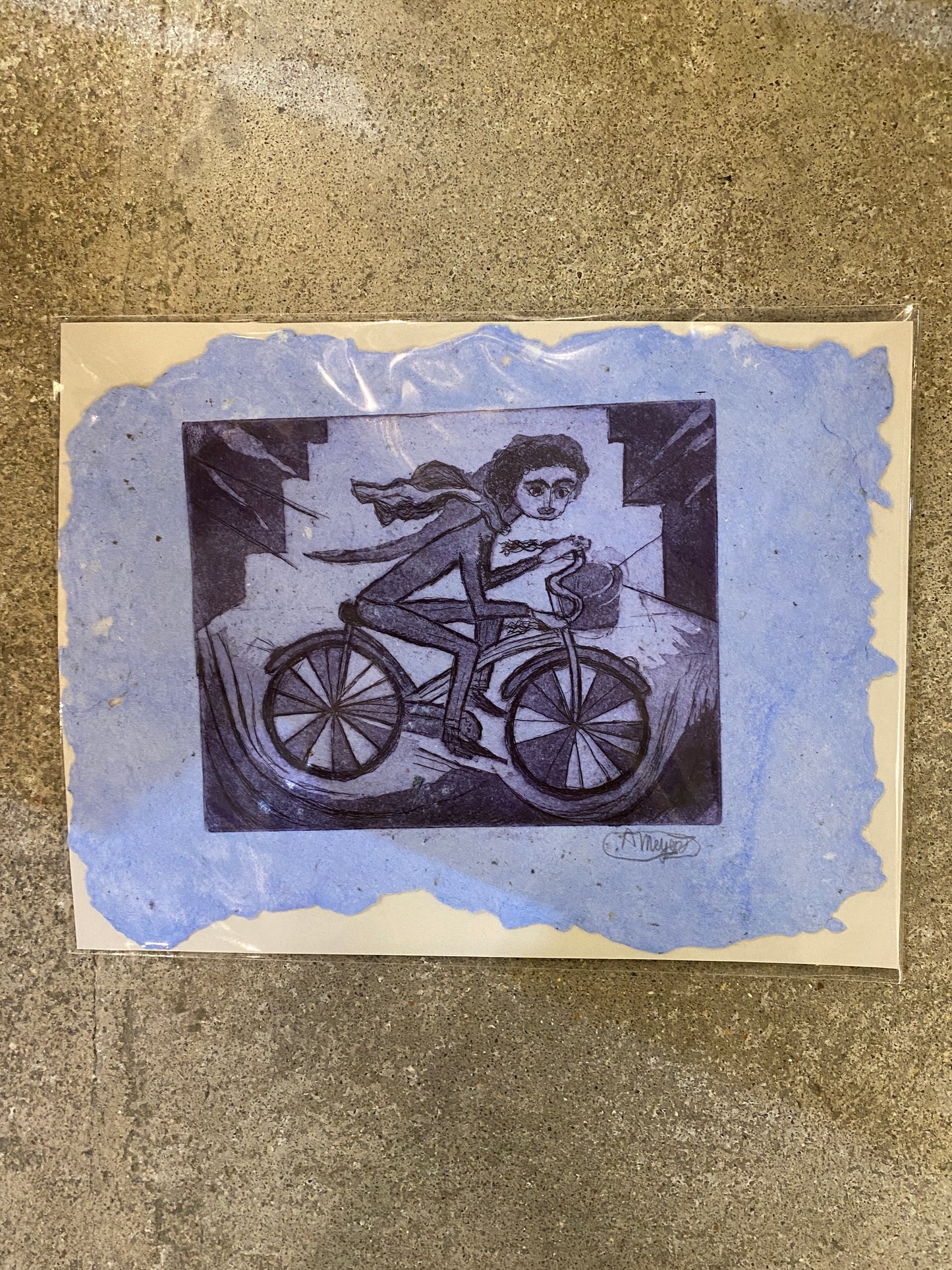 Cyclist with Scarf (Blue Handmade Paper)