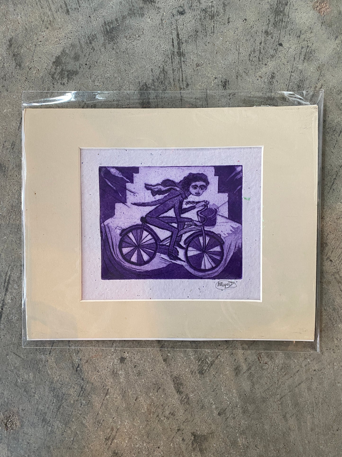 Purple Cyclist with Scarf (with Mat Board)